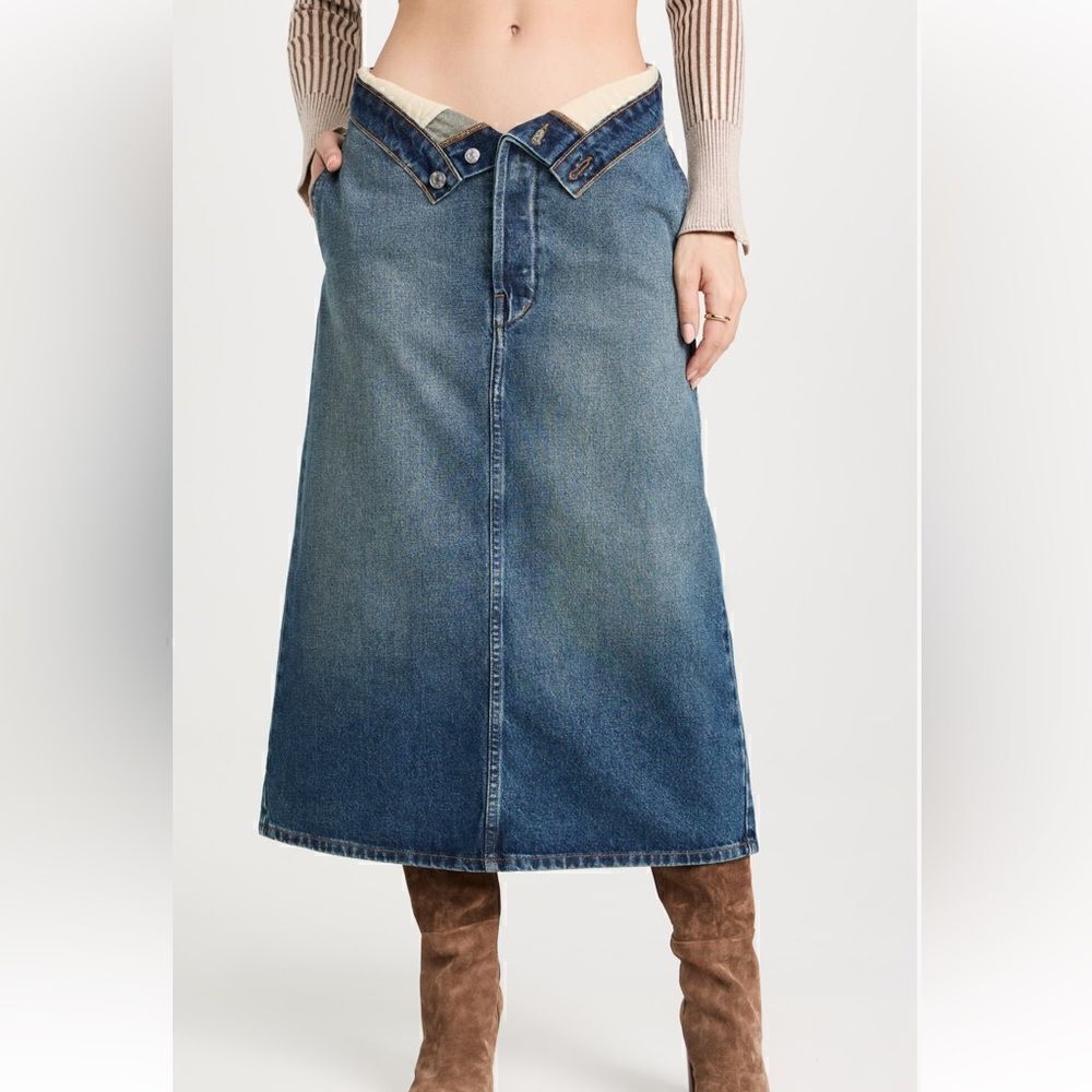 EB Denim Madison Maxi skirt denim fold over waist midi Revolve $360 30” Sz 6